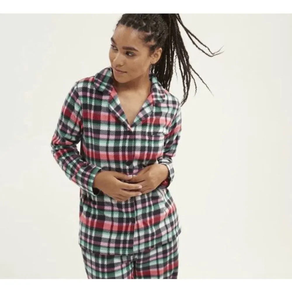 Vera Bradley Cozy Pajama Top Women's Size Red‎ Black Plaid Long Sleeve Button Up